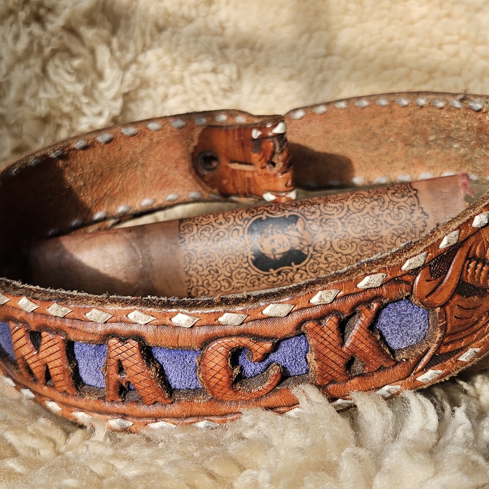 1970s VINTAGE Brown Leather Hand-tooled COWBOY BELT with Blue Accent "MACK" 36"